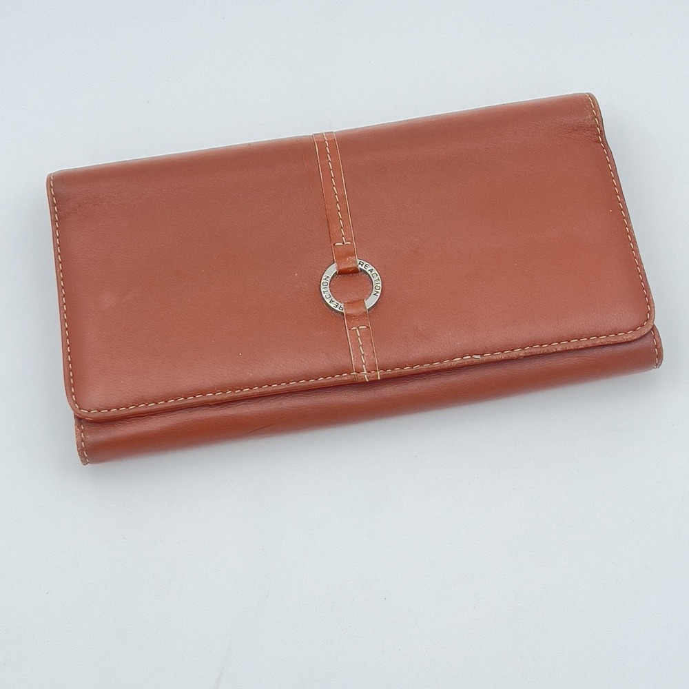 Kenneth Cole Reaction Orange Leather Wallet Checkbook Organizer Clutch Womens